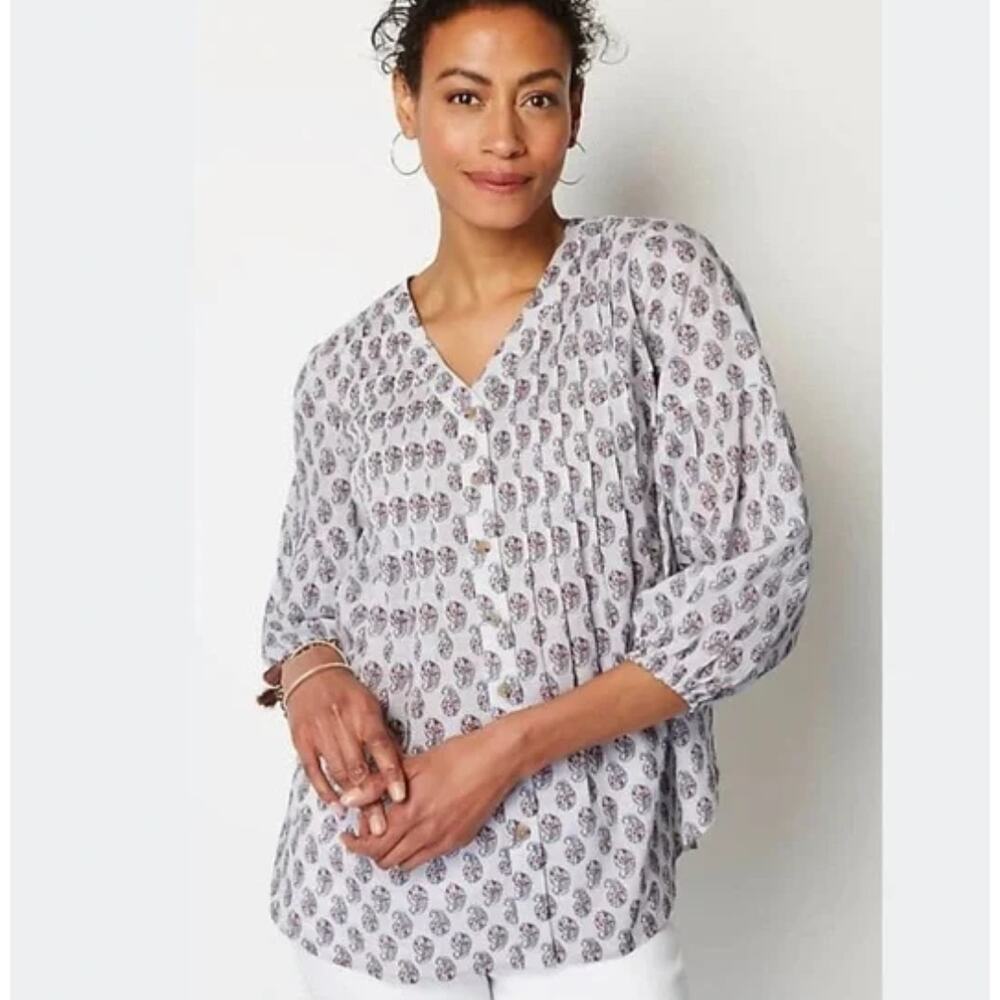 J. Jill Women's Madeira Blouse L Blue Pintucked Paisley Print Bohemian Top